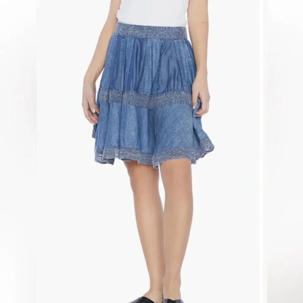 Wash Lab Taylor Lace Edge Tiered Denim Skirt Size large